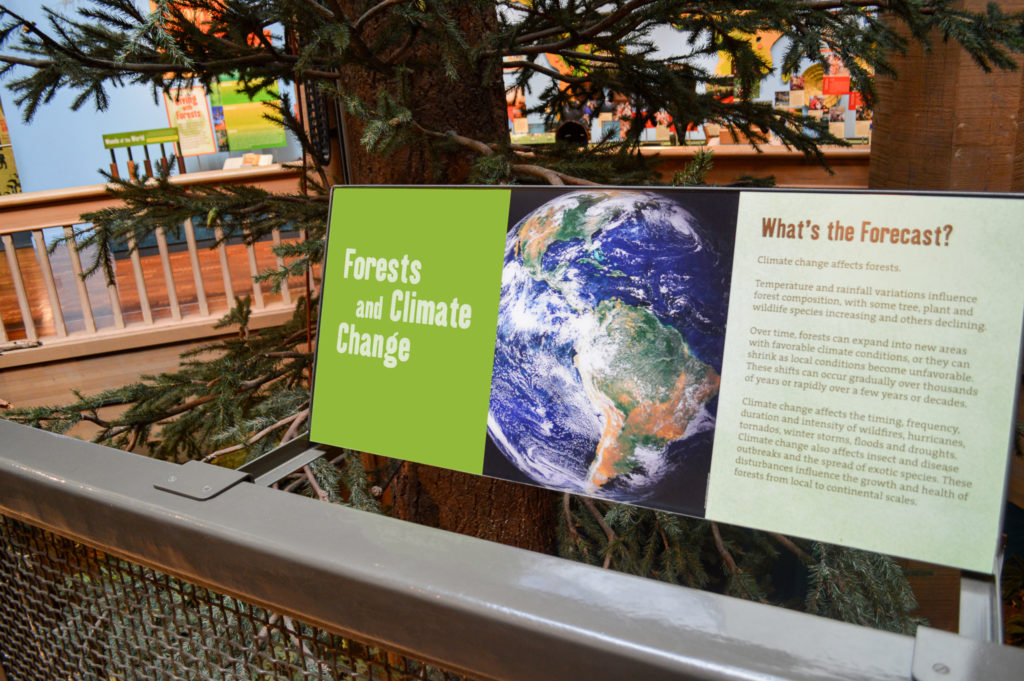 Signage that says "Forests and Climate Change" with a satelite photo of the earth